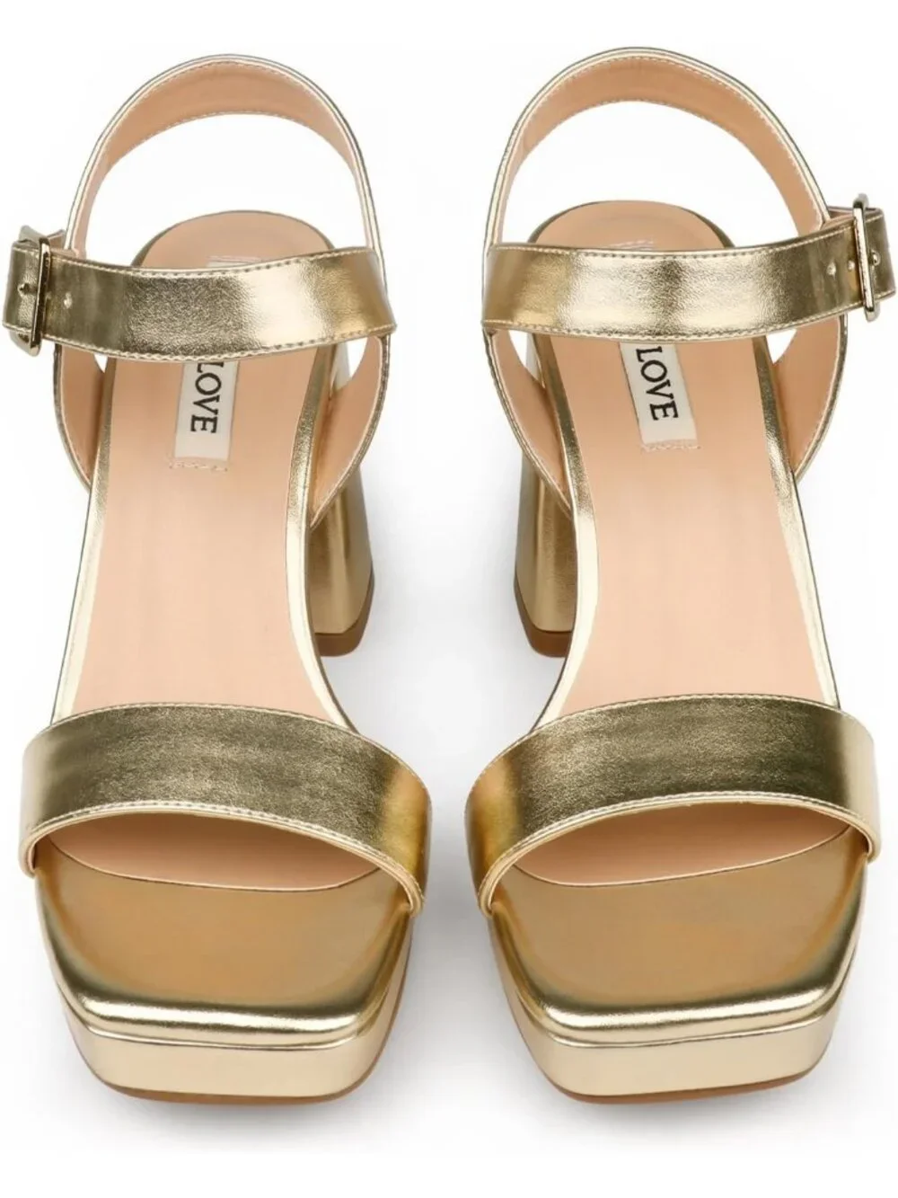 Women's Gold Square Open Toe Adjustable Ankle Strap Chunky Block Heel Sandals